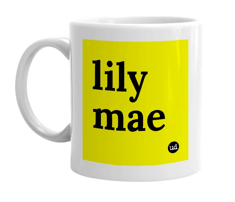White mug with 'lily mae' in bold black letters