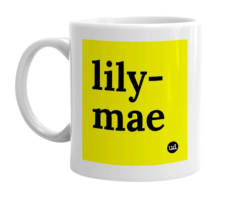 White mug with 'lily-mae' in bold black letters