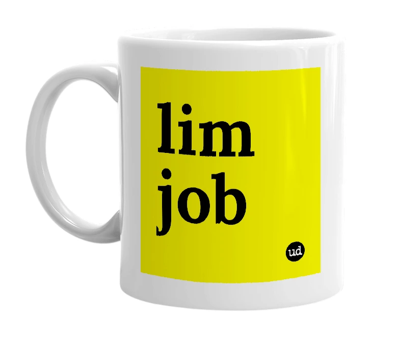 White mug with 'lim job' in bold black letters