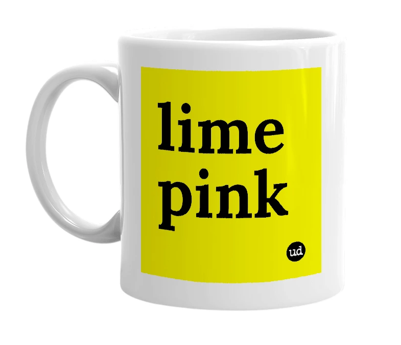 White mug with 'lime pink' in bold black letters