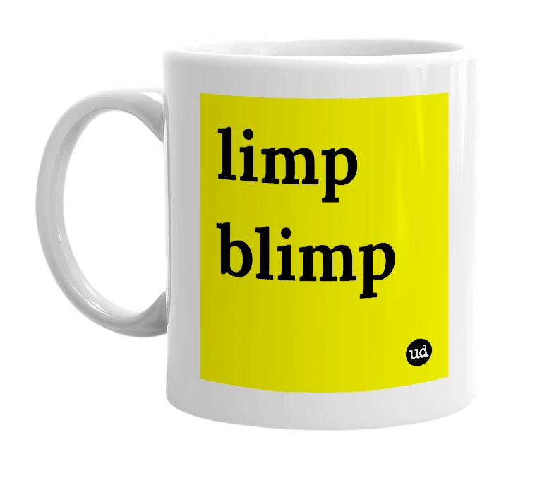 White mug with 'limp blimp' in bold black letters