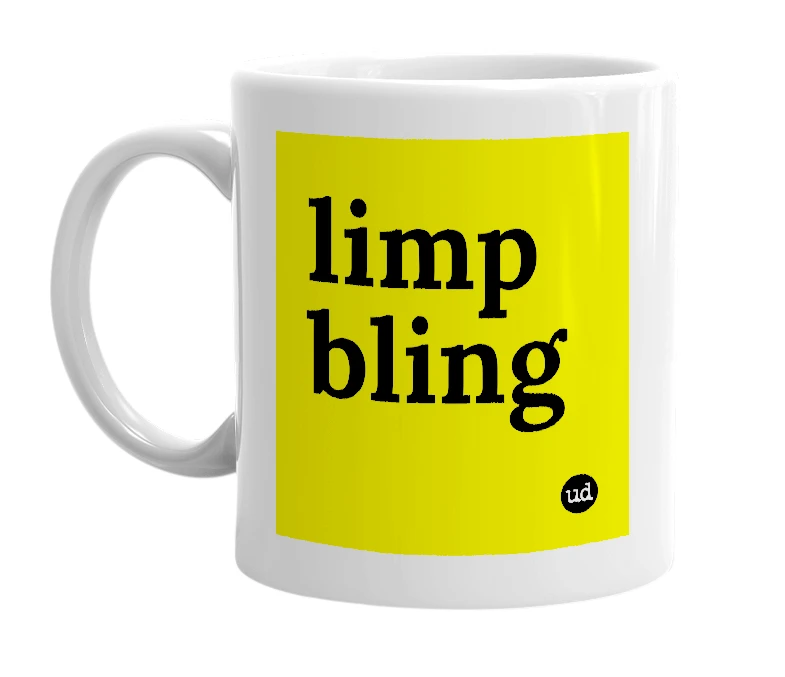 White mug with 'limp bling' in bold black letters
