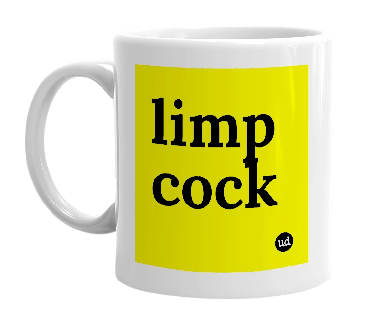 White mug with 'limp cock' in bold black letters