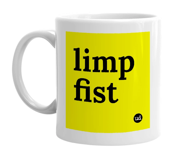 White mug with 'limp fist' in bold black letters