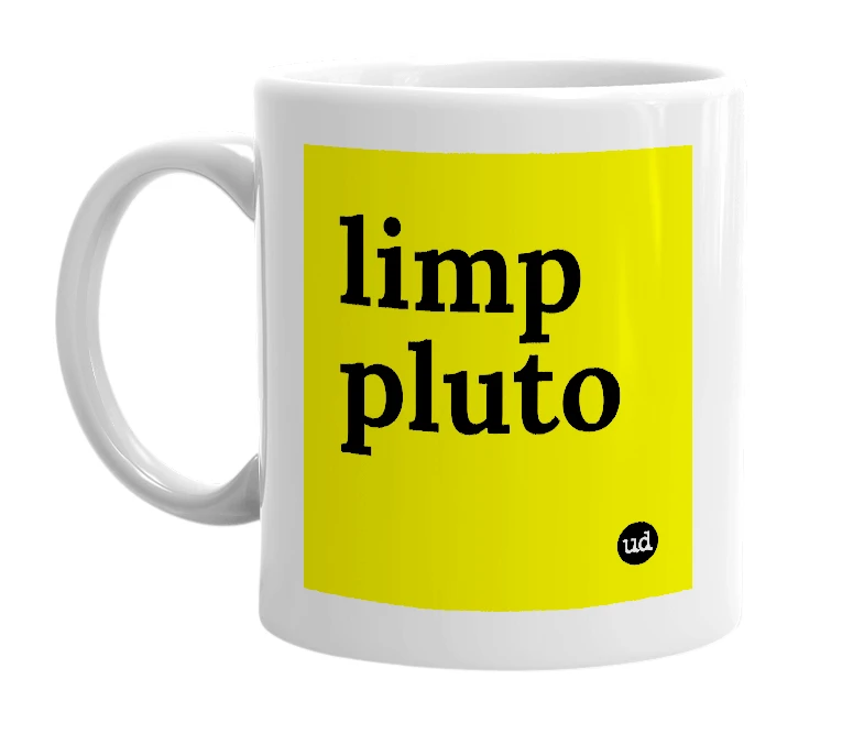 White mug with 'limp pluto' in bold black letters