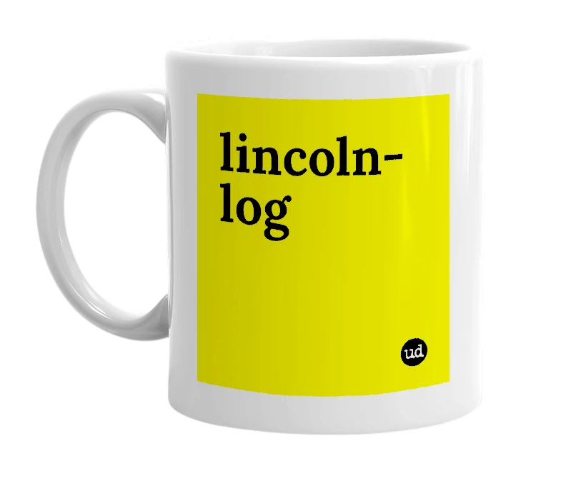 White mug with 'lincoln-log' in bold black letters