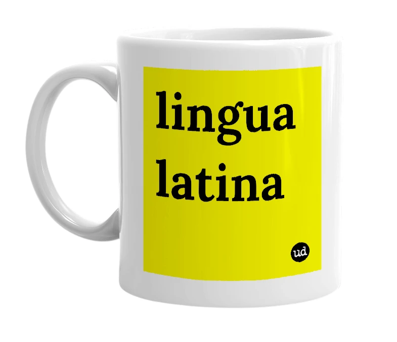 White mug with 'lingua latina' in bold black letters