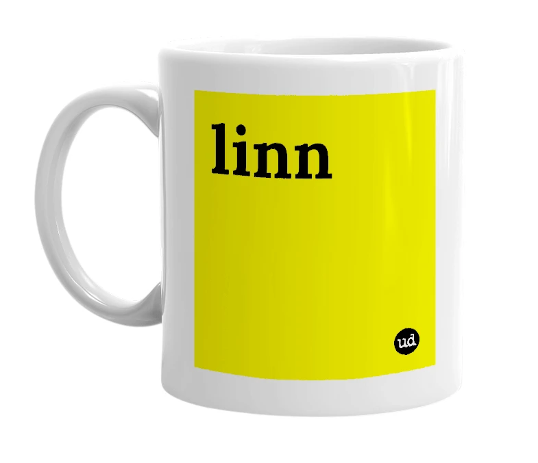 White mug with 'linn' in bold black letters