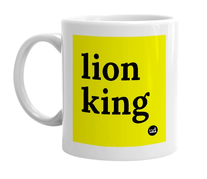 White mug with 'lion king' in bold black letters