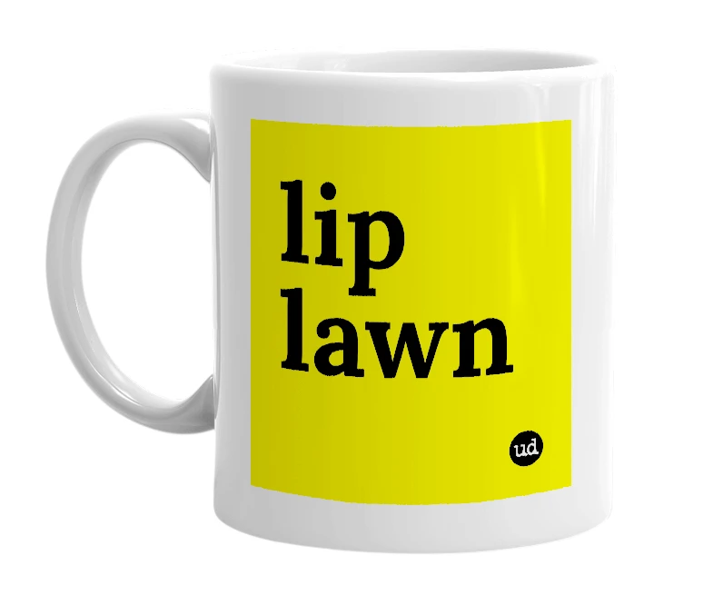 White mug with 'lip lawn' in bold black letters