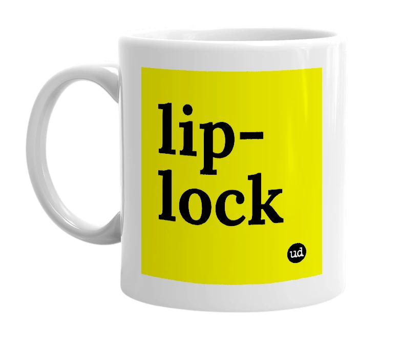 White mug with 'lip-lock' in bold black letters