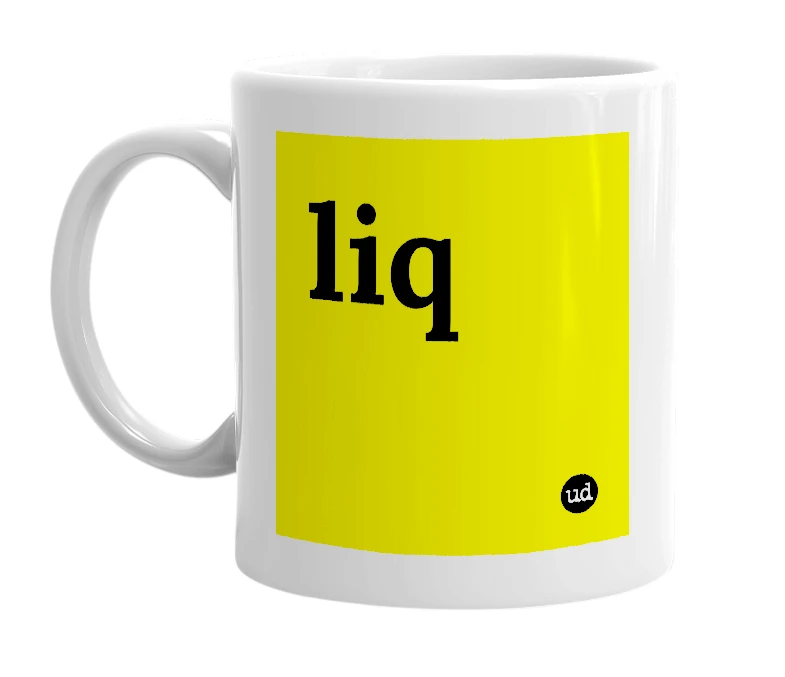 White mug with 'liq' in bold black letters