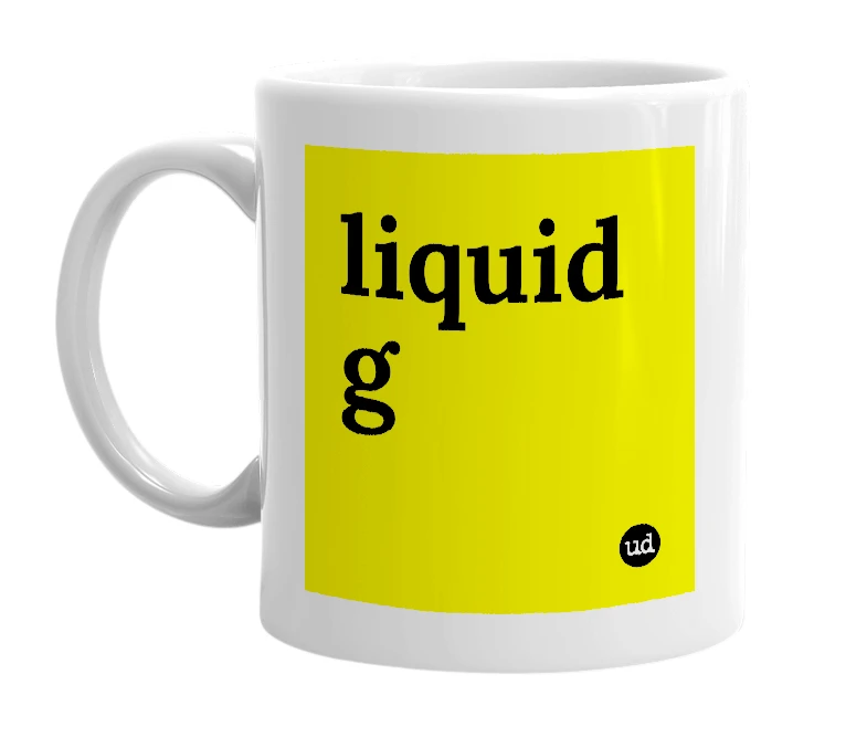White mug with 'liquid g' in bold black letters