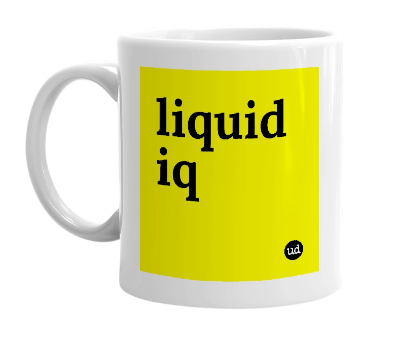 White mug with 'liquid iq' in bold black letters