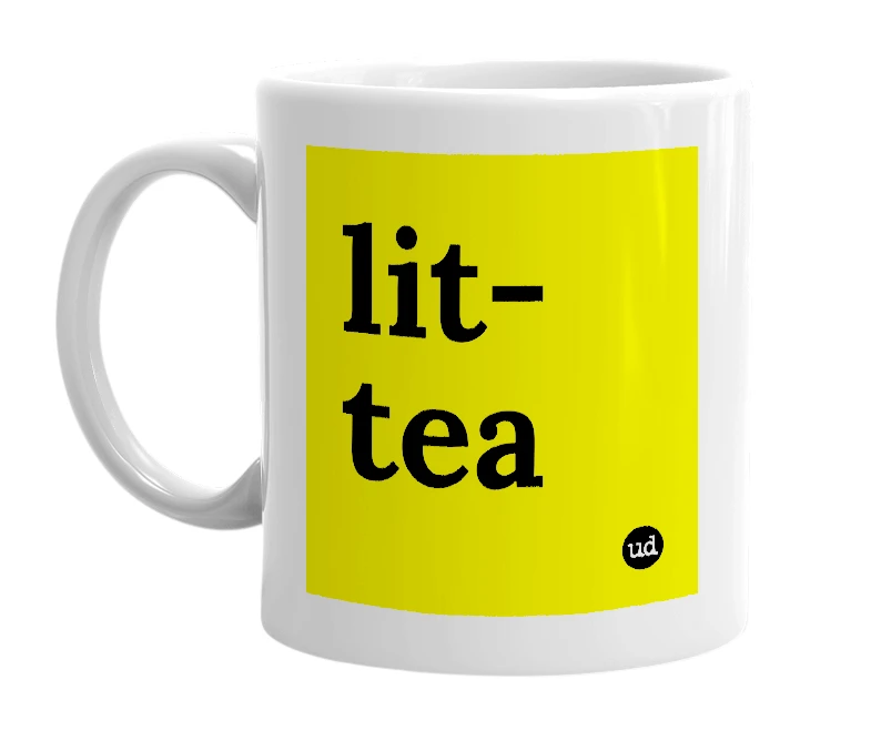 White mug with 'lit-tea' in bold black letters