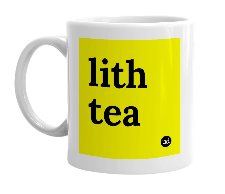 White mug with 'lith tea' in bold black letters