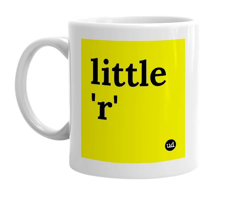 White mug with 'little 'r'' in bold black letters