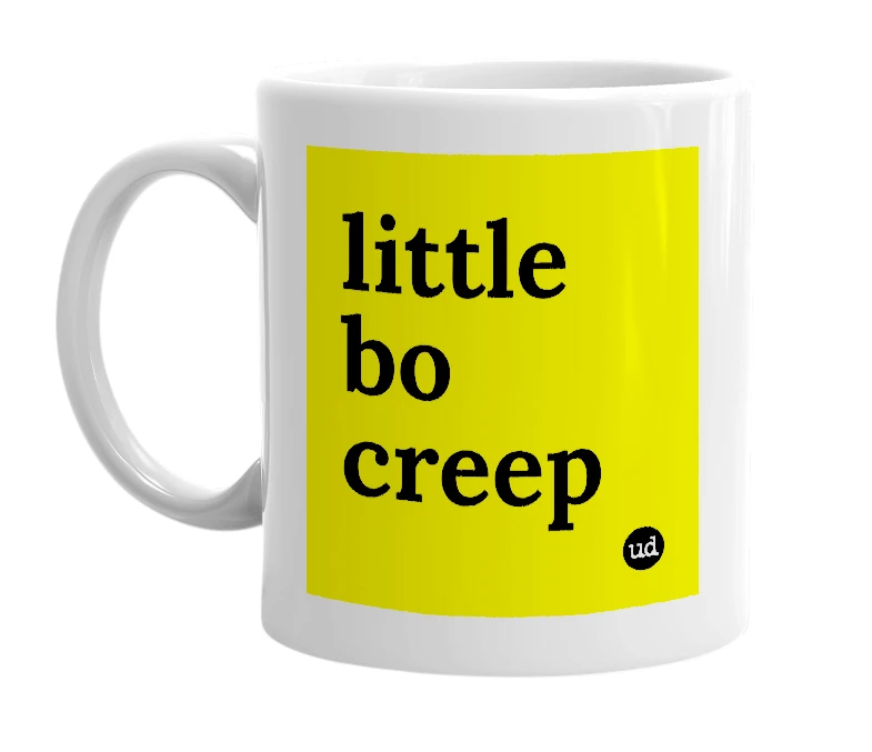 White mug with 'little bo creep' in bold black letters