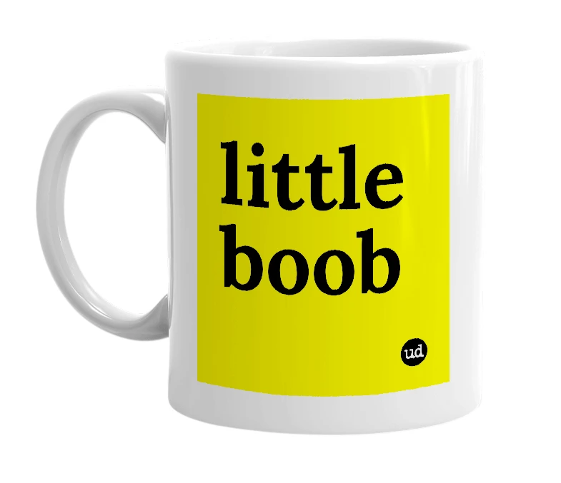 White mug with 'little boob' in bold black letters