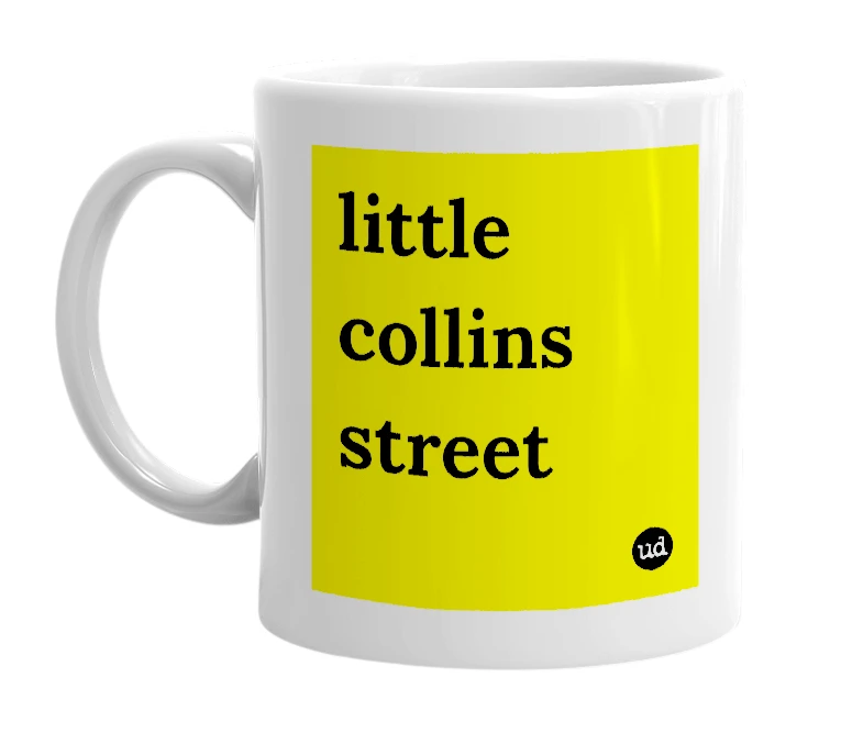 White mug with 'little collins street' in bold black letters