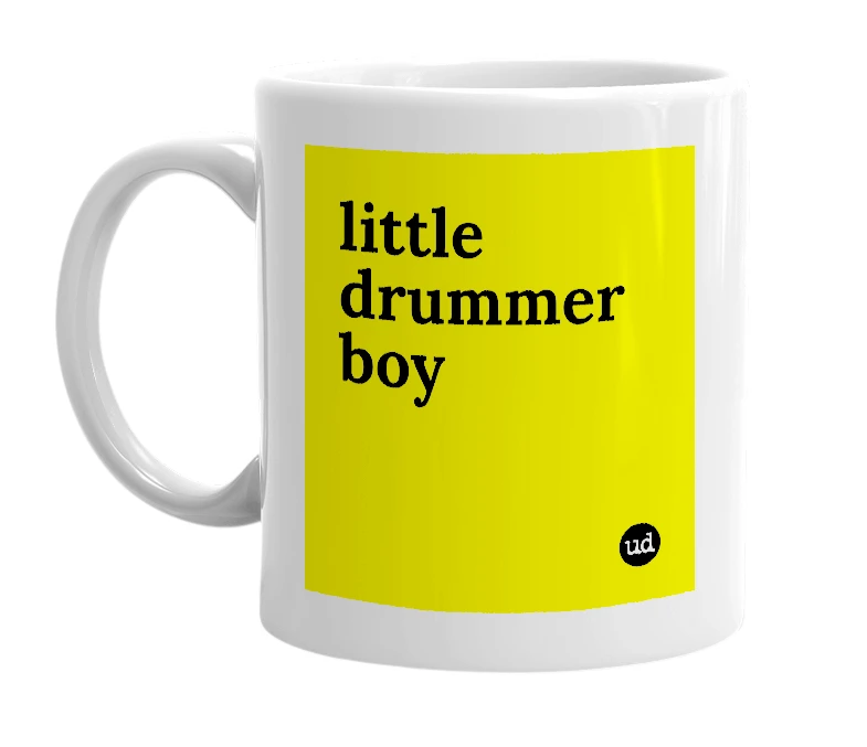 White mug with 'little drummer boy' in bold black letters