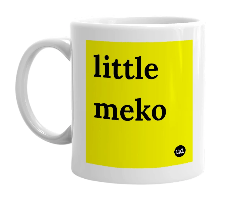 White mug with 'little meko' in bold black letters