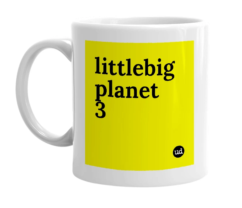 White mug with 'littlebig planet 3' in bold black letters