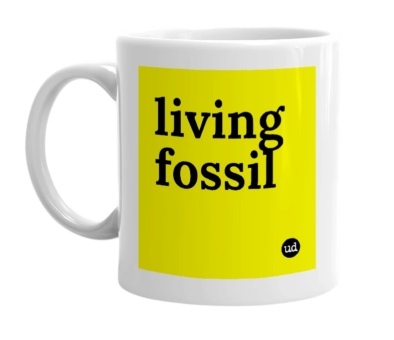 White mug with 'living fossil' in bold black letters