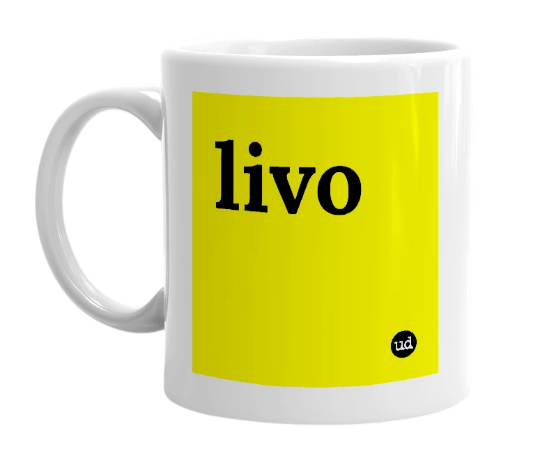 White mug with 'livo' in bold black letters