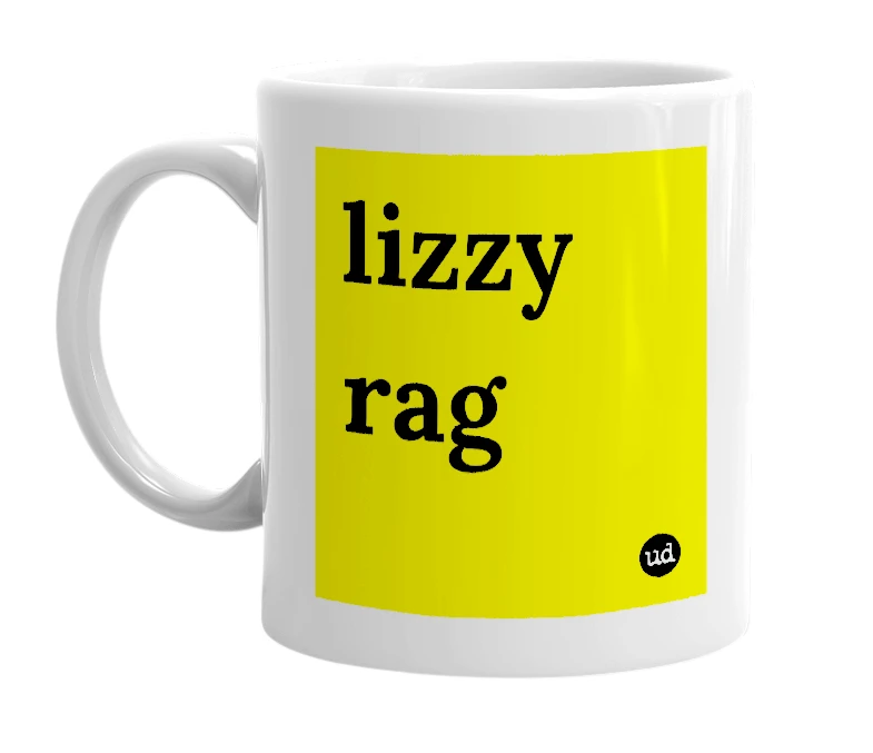 White mug with 'lizzy rag' in bold black letters