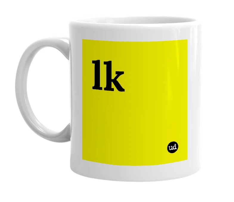 White mug with 'lk' in bold black letters