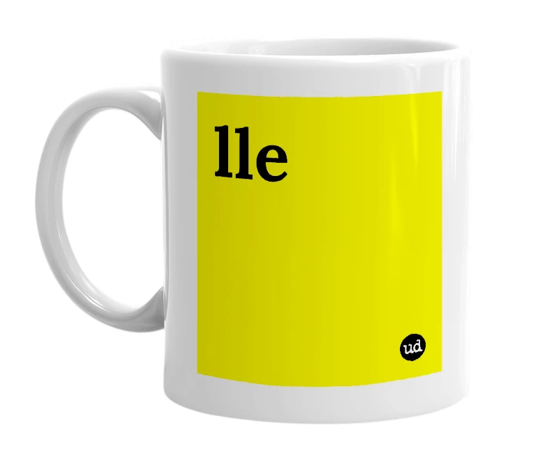 White mug with 'lle' in bold black letters