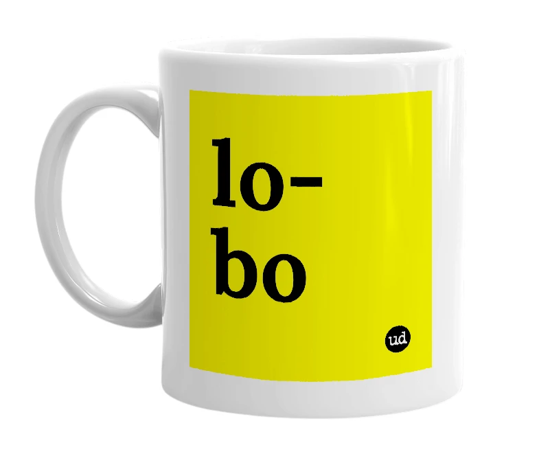 White mug with 'lo-bo' in bold black letters