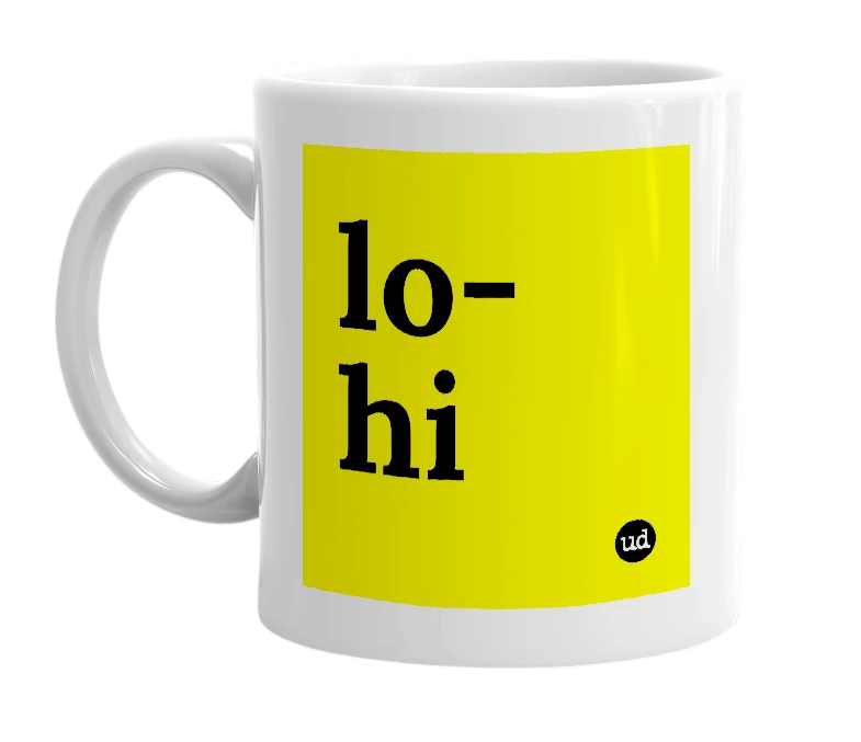 White mug with 'lo-hi' in bold black letters