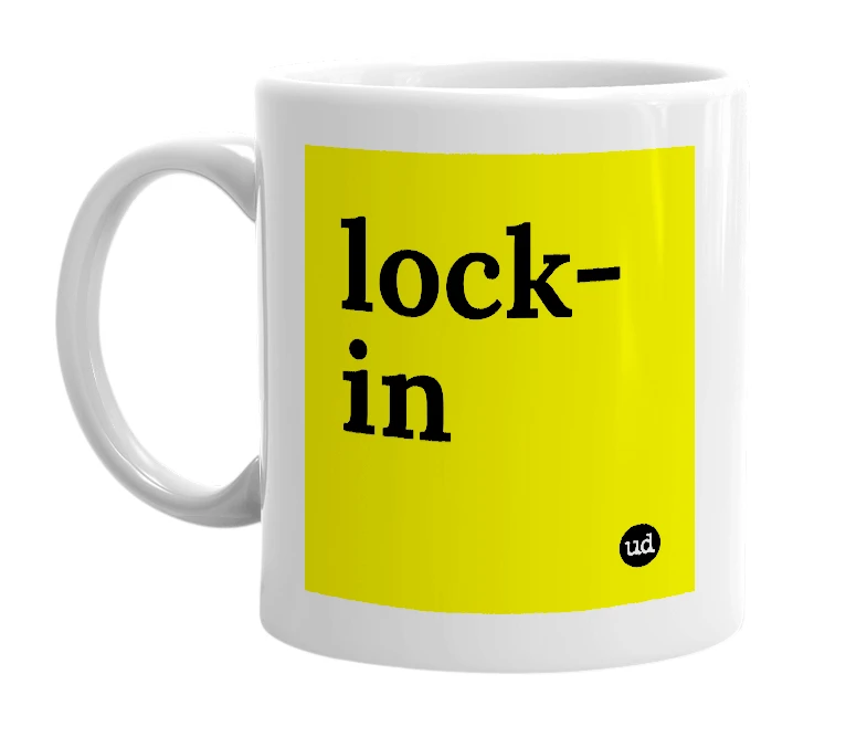 White mug with 'lock-in' in bold black letters