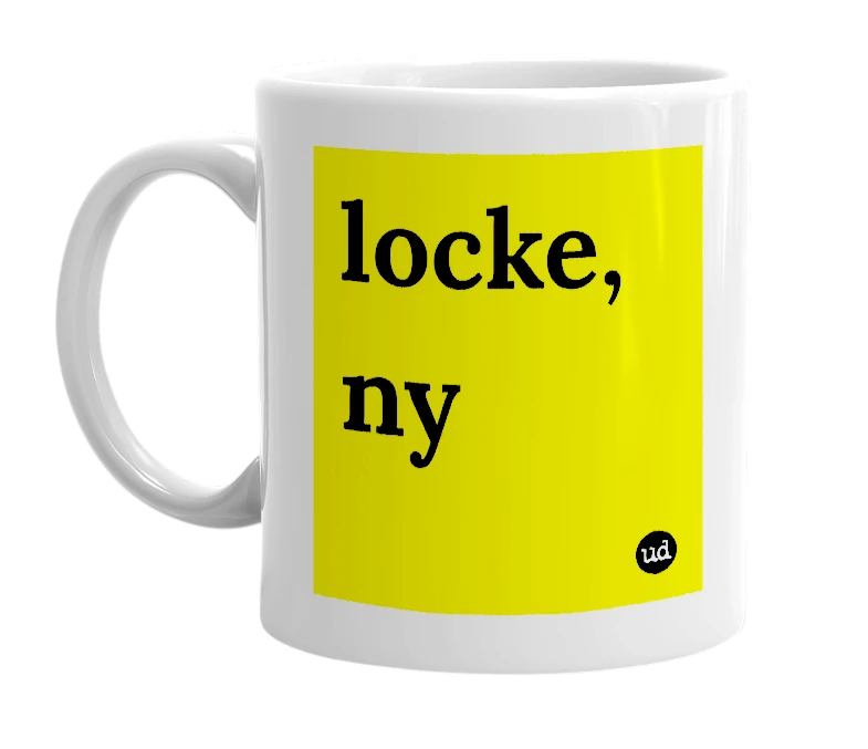 White mug with 'locke, ny' in bold black letters