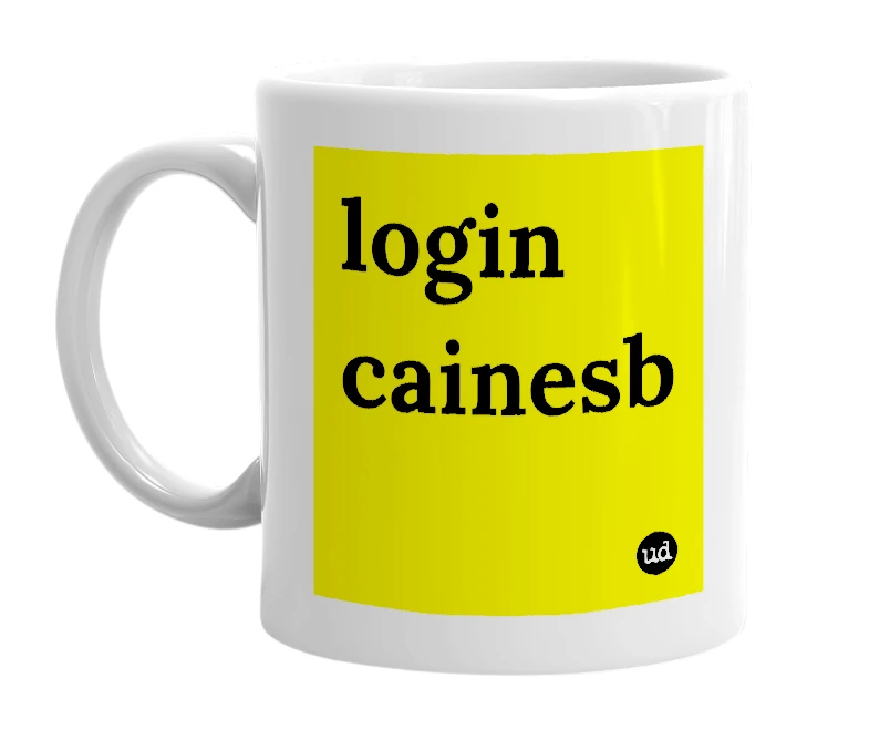White mug with 'login cainesb' in bold black letters