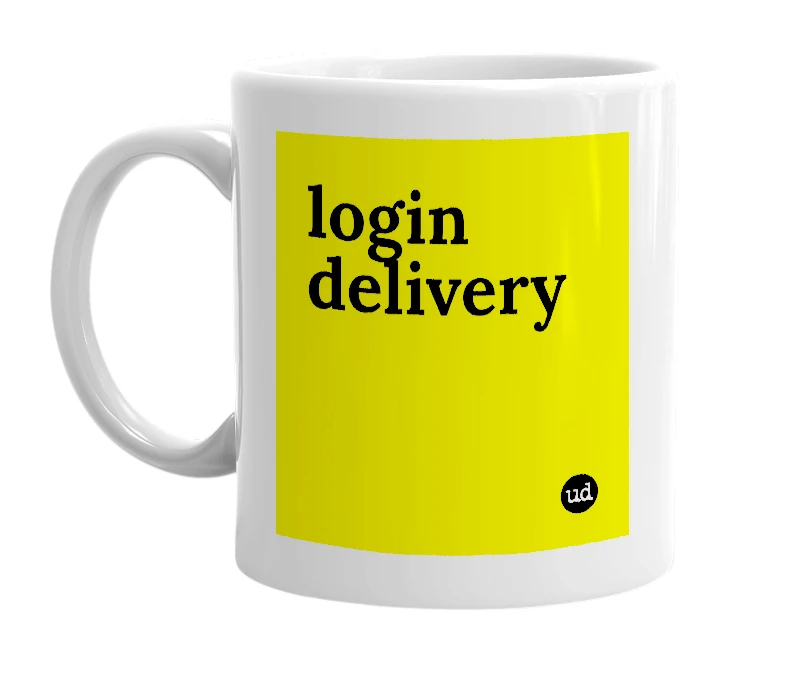 White mug with 'login delivery' in bold black letters