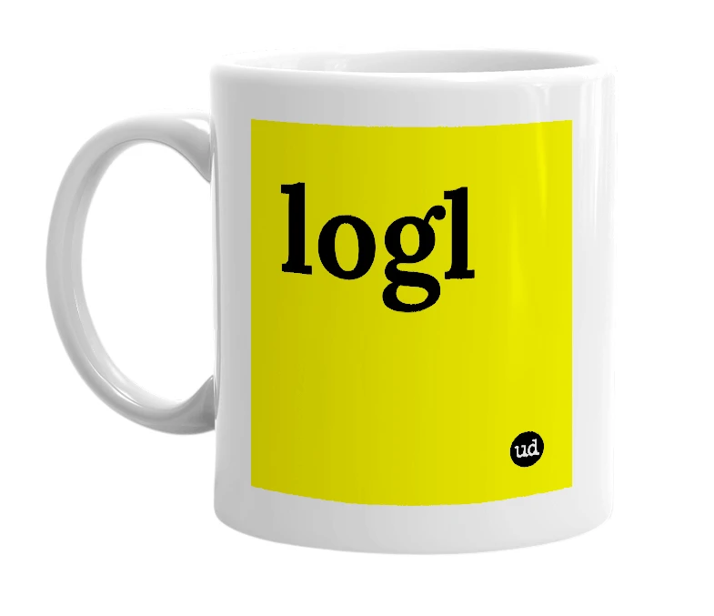 White mug with 'logl' in bold black letters