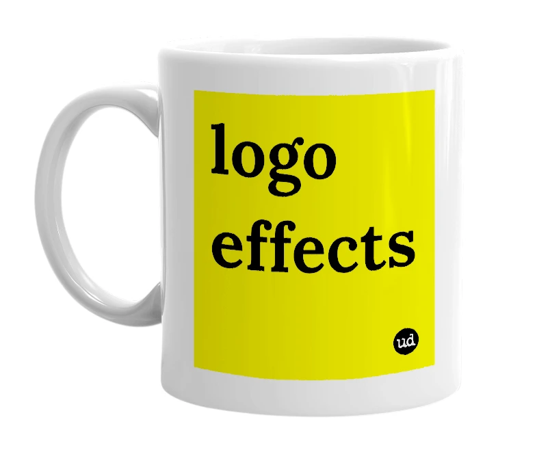 White mug with 'logo effects' in bold black letters