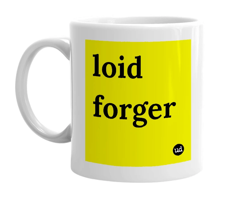 White mug with 'loid forger' in bold black letters