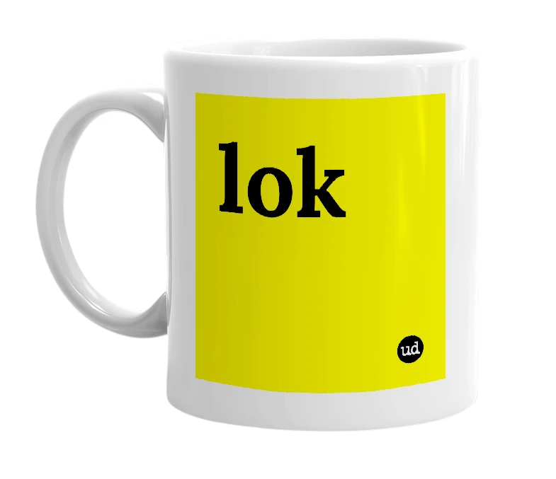 White mug with 'lok' in bold black letters