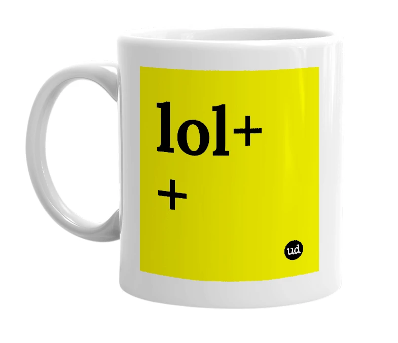White mug with 'lol++' in bold black letters