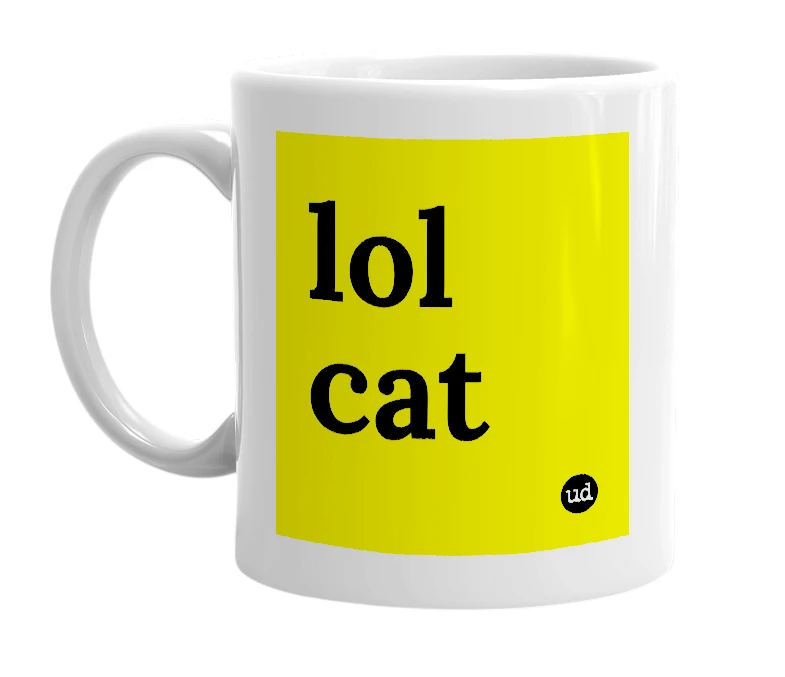 White mug with 'lol cat' in bold black letters