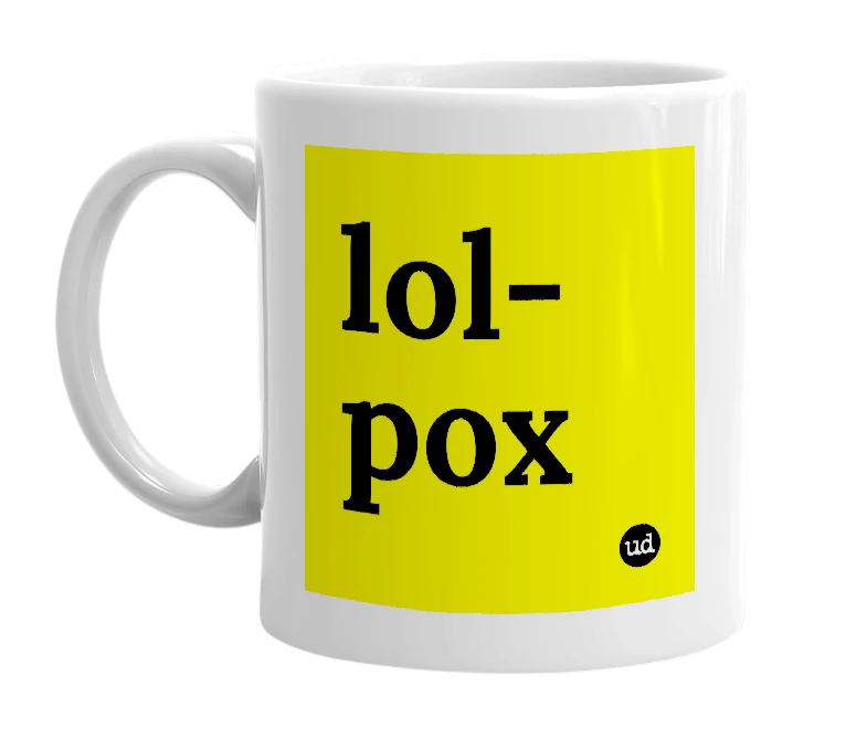 White mug with 'lol-pox' in bold black letters