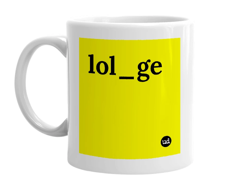 White mug with 'lol_ge' in bold black letters