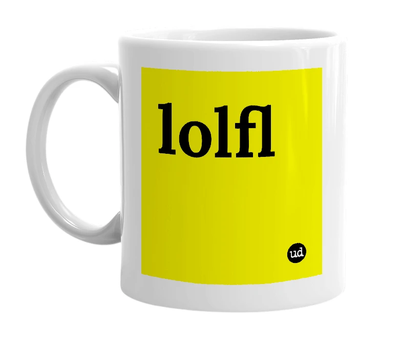 White mug with 'lolfl' in bold black letters