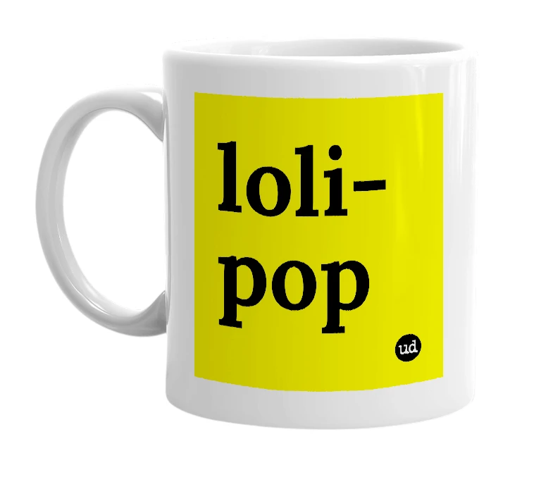 White mug with 'loli-pop' in bold black letters