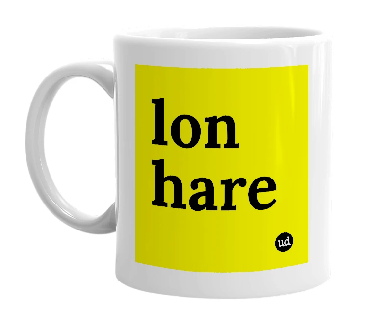 White mug with 'lon hare' in bold black letters