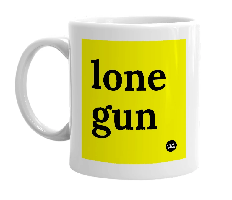 White mug with 'lone gun' in bold black letters